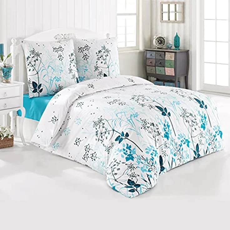 Buymax Bettwäsche 200x200 Baumwolle 3-Teilig Bettgarnitur mit Bettbezug und Kissenbezüge 80x80 Renforce Bettwäsche-Set Botanisch Blätter Zweige, Türkis Weiß Petrol – Bild 1