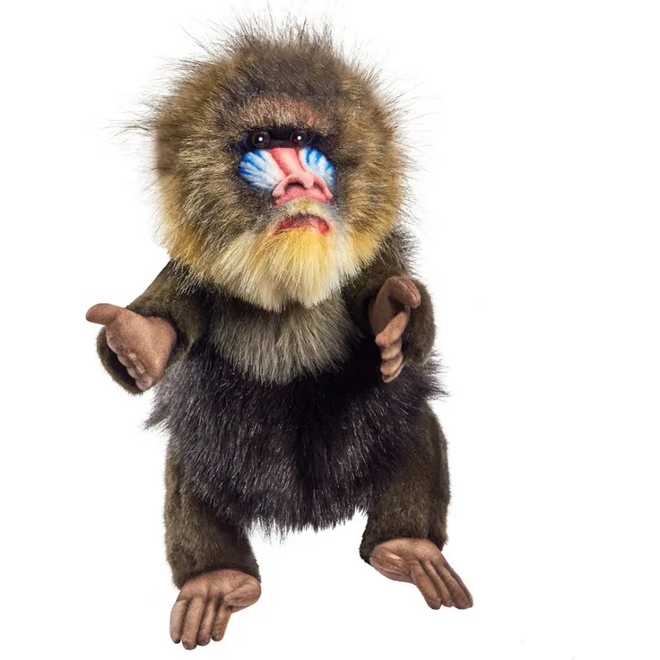 Hansa Creation Mandrill Handpuppe, detailreiches Kuscheltier mit kräftigen Farben und olivbraunem Fell