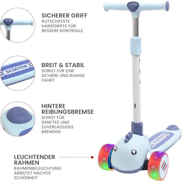 Habib Gruppe Kinderroller Tretroller 3-Rad LED Roller, Höhenverstellbar & Faltbar, Tierdesign für Mädchen & Jungen (3-8 Jahre), blau – Bild 2