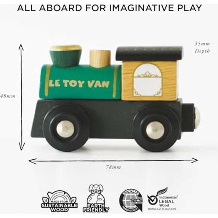 Le Toy Van Great Green Train, handgefertigter Güterzug aus Gummibaumholz mit Magnetteilen, grün – Bild 7