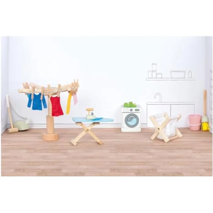 goki Puppenhausmöbel Accessoires Waschküche, 29tlg. Set mit Waschmaschine, Wäschetrockner und Bügelbrett aus hochwertigem Holz – Bild 2