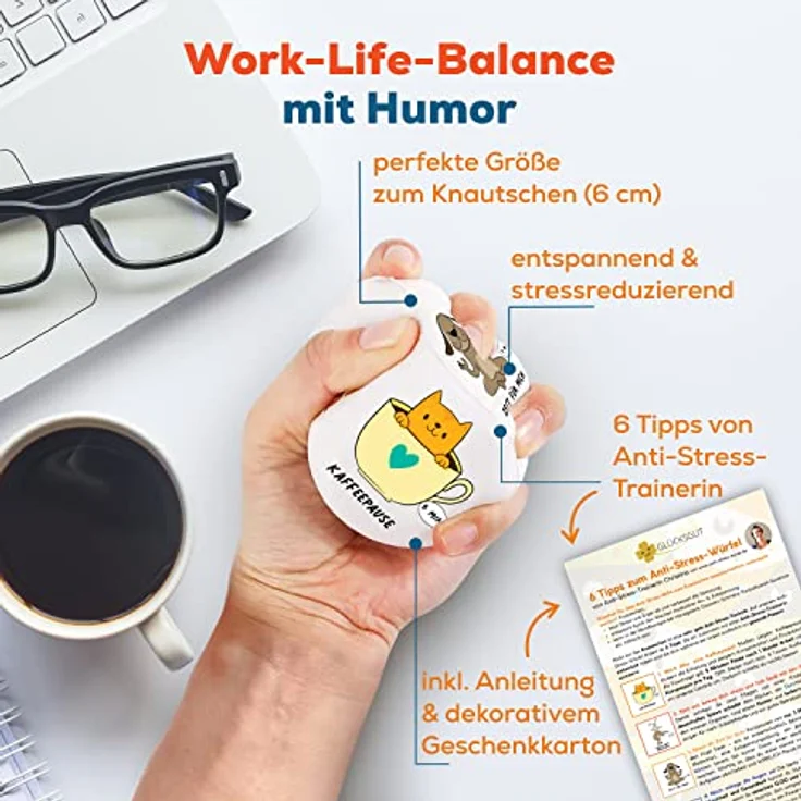 GLÜCKSGUT® Anti-Stress-Würfel, lustiges Spielzeug mit 6 humorvollen Motiven, inklusive Geschenkbox und Anleitung für Stressabbau im Büro – Bild 4