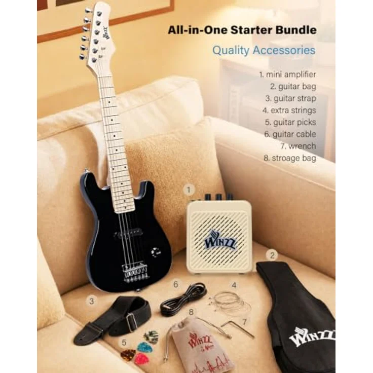 Winzz 30 Zoll Mini E-Gitarre, elektrische Gitarre für Kinder mit Ahorn Griffbrett und Verstärker (Schwarz) – Bild 2