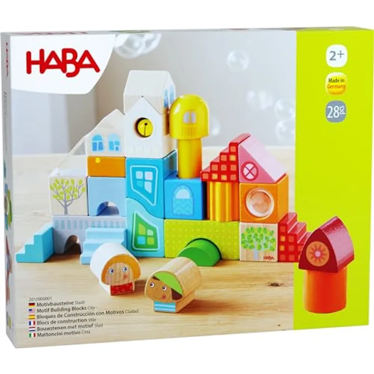 Haba Motiv-Bausteine Stadt, 28-teiliges Stapelspielzeug für kreative Bauwelten ab 2 Jahren