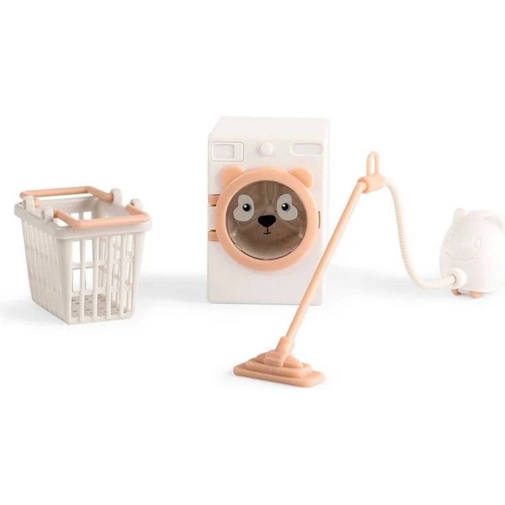 Lundby Puppenhausmöbel Reinigungsset, 3-teilig mit Staubsauger, Waschmaschine und Wäschekorb in tierischem Design