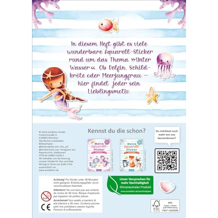 Ars Edition Sticker Meine Aquarell-Sticker - Unter Wasser - Über 200 Sticker, Hochwertige Trendige Aufkleber in Aquarell-Optik für Kinder ab 4 Jahren – Bild 2