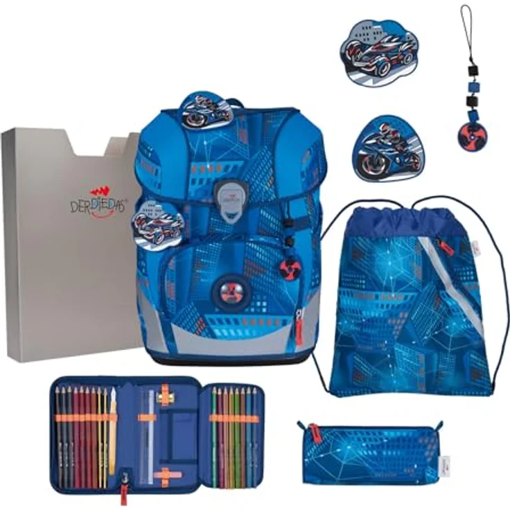 DerDieDas Schulranzen ErgoFlex Tiny Set 6-teilig, ergonomisches Tragesystem, blau – Bild 1