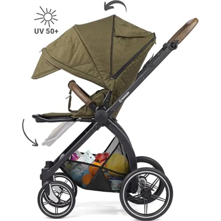 Gesslein Kinderwagen FX4 STYLE, Baby Erstausstattung (leichtes Kinderwagen Set mit Liege- und Sitzoption, individuell einstellbar, hoher Komfort, Fünf-Punkt-Sicherheitsgurt, Kinderwagen 3 in 1), Moos – Bild 2