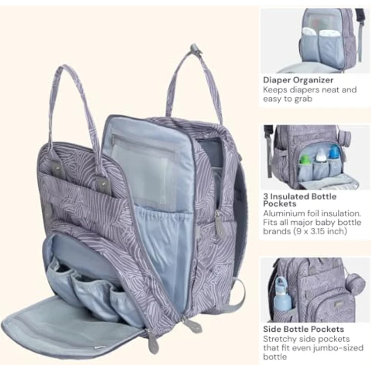 BabbleRoo Wickeltasche Rucksack, große Kapazität 26 L, 17 Taschen, wasserabweisend, inklusive Wickelauflage und abnehmbarem Schnullerhalter – Bild 4