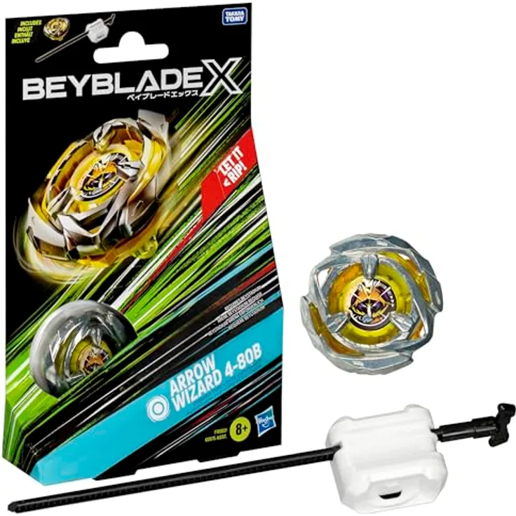 Hasbro Beyblade X Arrow Wizard 4-80B, Starter Pack mit X-Celerator Beschleunigungssystem und Metallteilen, Ausdauer-Typ