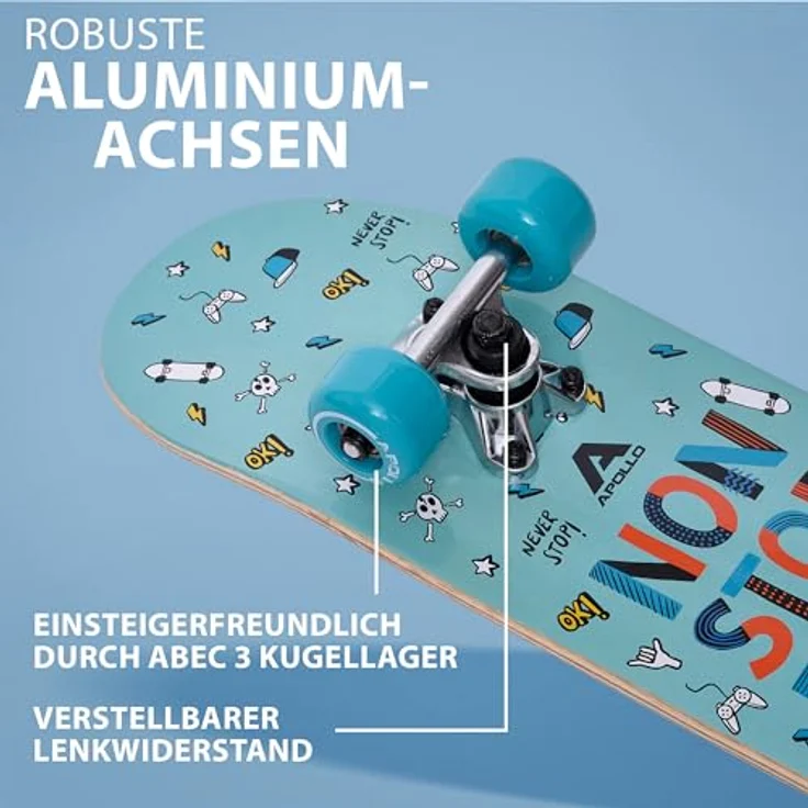 Apollo Kinder Skateboard, | kleines Komplett Board mit ABEC 3 Kugellagern und Aluminium Achsen | Coole Designs für Kinder | Cruiser Boards für Mädchen und Jungs | Kinder Skateboard ab 3 Jahre – Bild 3