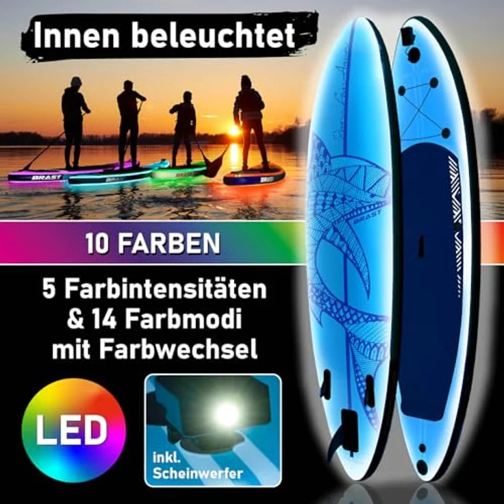 BRAST® SUP Board mit LEDs, aufblasbares Stand up Paddling Set, 320x81x15cm, 140kg Tragkraft, 10 Farben LED-Beleuchtung, 5 Jahre Garantie, inkl. 2in1 Paddel und Kajaksitz – Bild 2