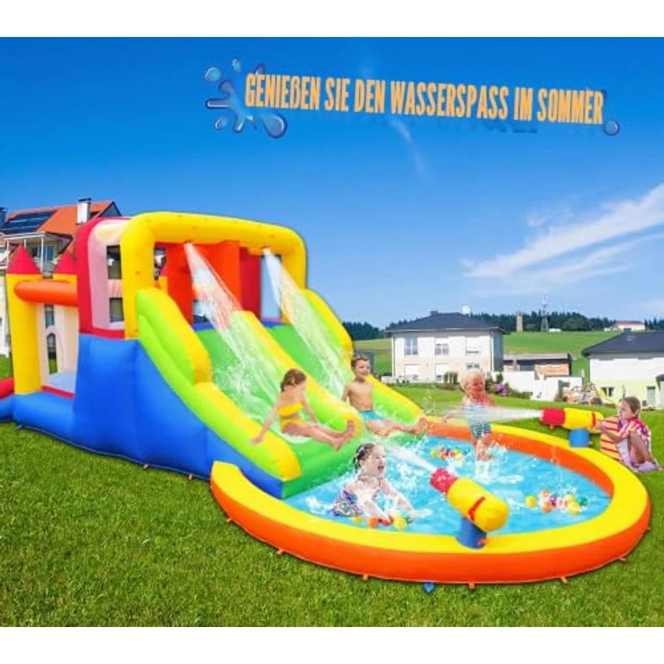 Ballsea Kinder Hüpfburg, aufblasbar ohne Gebläse, Trocken-/Wasserrutsche, Spielzentrum für 4-6 Kinder bis 200 kg, 6.28L x 2.93W x 1.95H m – Bild 4