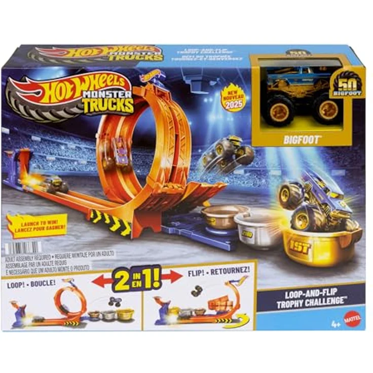 Hot Wheels Monster Trucks Loop & Flip Challenge, Autorennbahn mit 2 Spielmöglichkeiten, Bigfoot Die-Cast im Jubiläumsdesign, 1:64 Maßstab – Bild 6