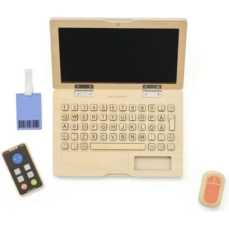 Kids Concept Lernspielzeug Laptop Kids Hub, Holz mit drückbaren Tasten, inkl. Handy und Mitarbeiterausweis, 28.5x19x2.5 cm