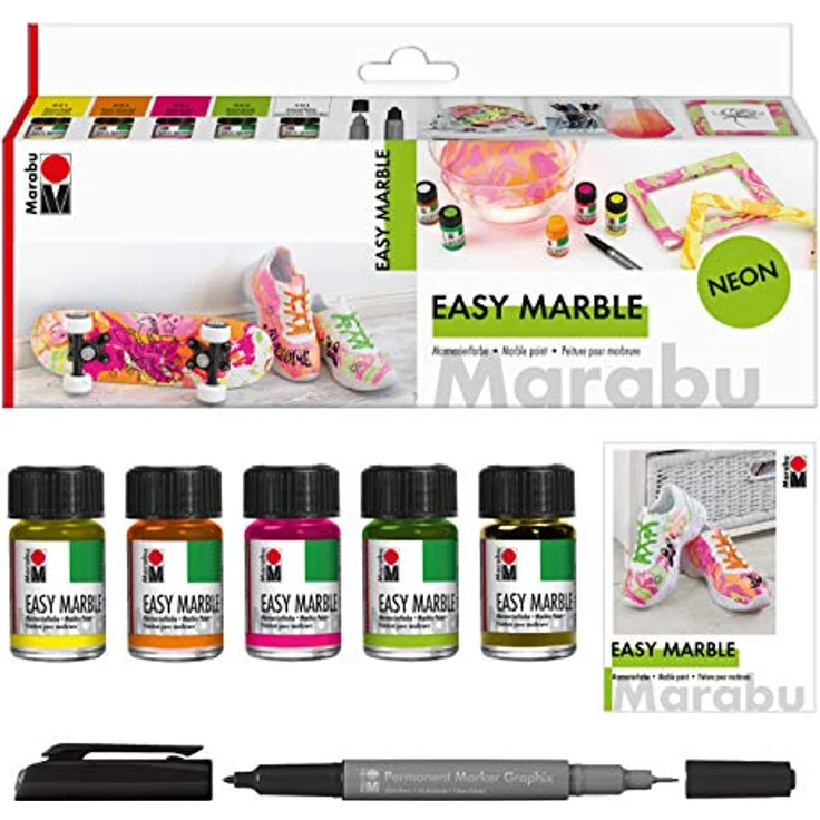 Marabu 1305000000080 - Easy Marble Neon Set, 5 Farben + Permanent Marker, Marmorierfarbe zum kinderleichten Tauchmarmorieren von Kunststoff, Glas, Holz, Styropor und flächigen Marmorieren von Papier – Bild 2