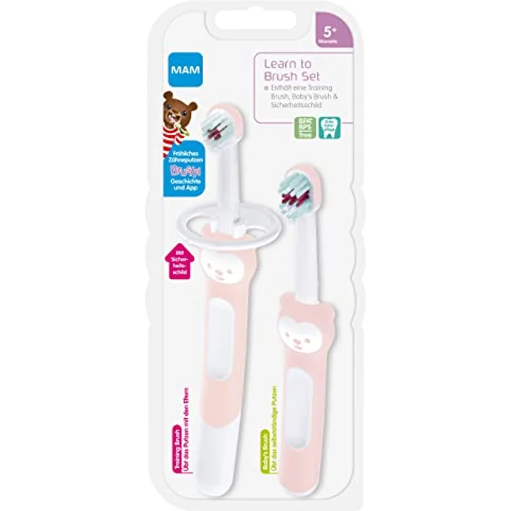 MAM Learn to Brush Set, Baby Zahnbürste mit langem Griff zum gemeinsamen Halten, Kinderzahnbürste trainiert das Zähneputzen, ab 5+ Monate, rosa – Bild 2