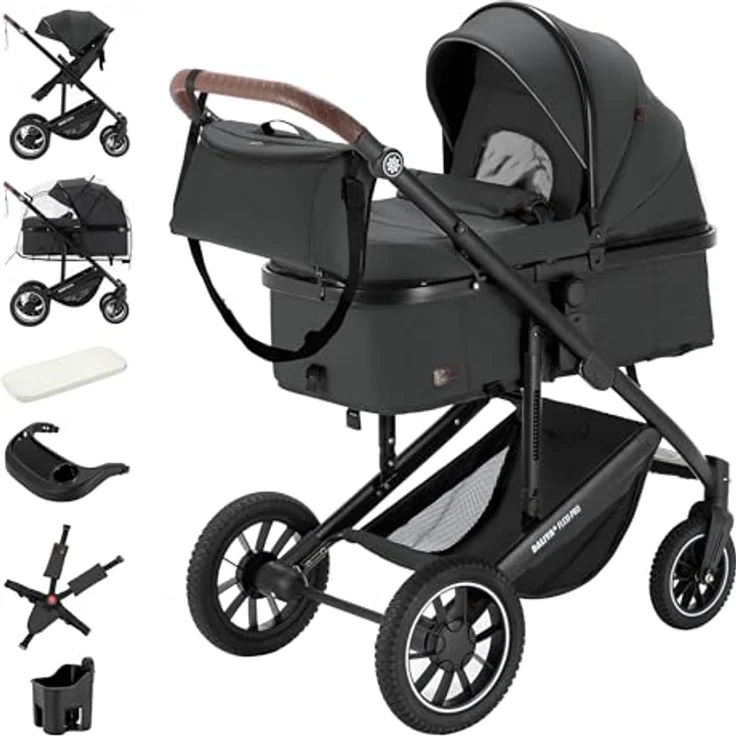 Daliya FLEXI-PRO M 2in1 Kombikinderwagen, klappbar, höhenverstellbar, mit Liegefunktion und großem Einkaufskorb, dunkelgrau – Bild 1