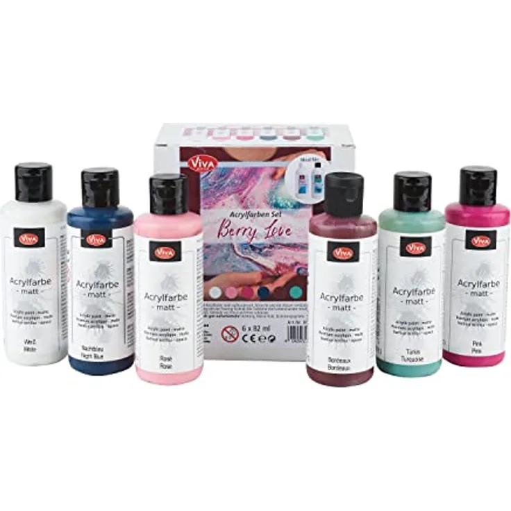 Viva Decor Acrylfarben-Set "Berry Love", 6 x 82 ml, matte Farben für Pouring Malerei, Rosé, Bordeaux, Türkis, Nachtblau, Pink, Weiß, lichtecht und deckend