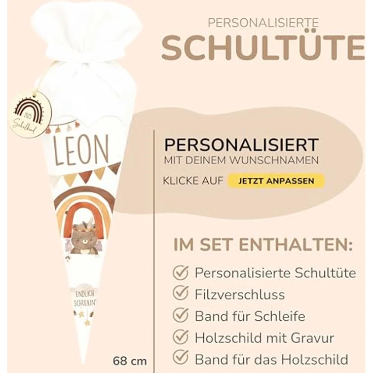 Kidsmood Regenbogen Schultüte personalisiert mit Namen, DIY Zuckertüte inkl. Stoff & Schulkind-Schild für Einschulung 2026 – Bild 3