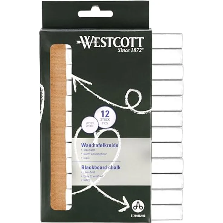 WESTCOTT Malkreide Tafelkreide, 12 Stück weiss, staubarm & leicht abwischbar, 1,2 cm ⌀ x 8,5 cm