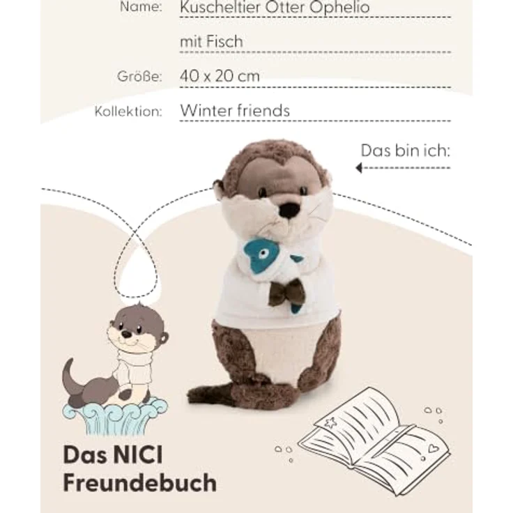 NICI Kuschelkissen Otter Ophelio, 40 × 20 cm Plüschotter in Braun mit kleinem Fisch – Bild 5