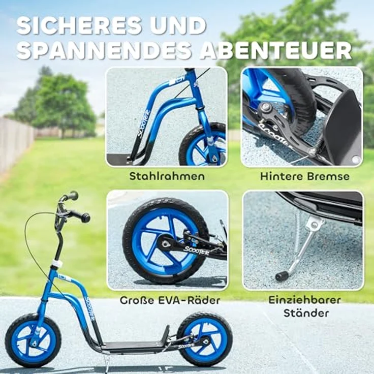 AIYAPLAY Kinderroller Tretroller 12 Zoll mit verstellbarem Lenker, großen All-Terrain-Rädern und Handbremse, für 5-12 Jahre Jungen und Mädchen, Blau – Bild 5