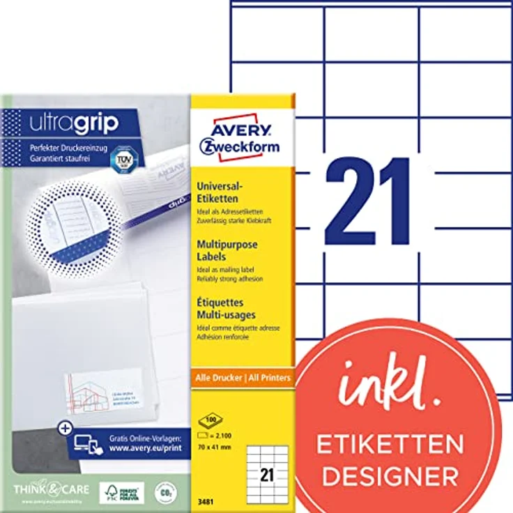 AVERY Zweckform 3481 Adressaufkleber (2.100 Klebeetiketten, 70x41mm auf A4, Papier matt, bedruckbare Absenderetiketten, selbstklebende Adressetiketten mit ultragrip) 100 Blatt, weiß – Bild 1