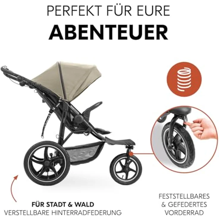 Hauck Kinderwagen Runner 3, Dreirad Buggy mit XL Lufträder, Federung, Handbremse, XL Sonnenverdeck (UPF 50+), Faltbar, Korb mit Deckel, Liegefunktion, Getränkehalter - Olive – Bild 2