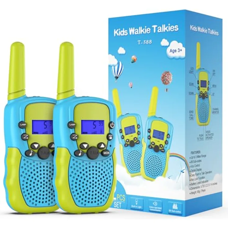 Kearui Walkie Talkies für Kinder, 8 Kanal Funkgerät mit Hintergrundbeleuchteter LCD-Taschenlampe, 3 Meilen Reichweite, für 3-12 Jahre, Blau-Grün