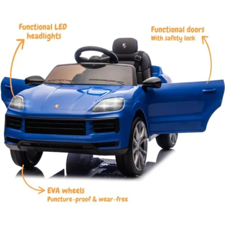 Vrooomy Porsche Cayenne Kinder Elektroauto, 12V mit Fernbedienung, für 1 bis 5 Jahre, Blau, MP3-Player, Sicherheitsgurt, LED-Scheinwerfer – Bild 3