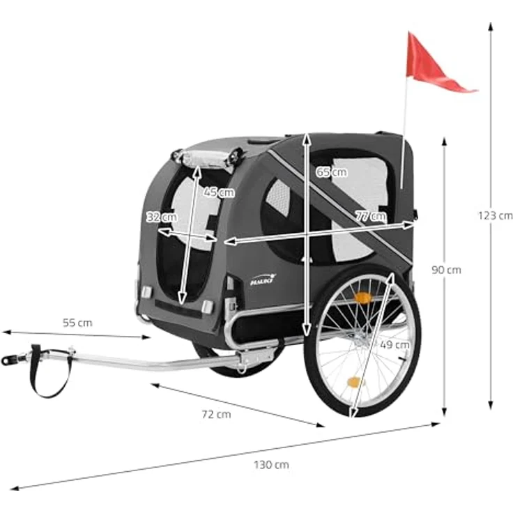 Hauki Fahrradhundeanhänger Fahrradanhänger & Hundebuggy 2in1 klappbar, Hundewagen Grau mit Reflektoren Leine und Flagge bis 40 kg – Bild 8