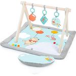 Bright Starts Disney Winnie PUUH Once Upon a Tummy Time Baby Aktivitätenmatte mit Holz-Spielzeugstange, Blau, für Neugeborene