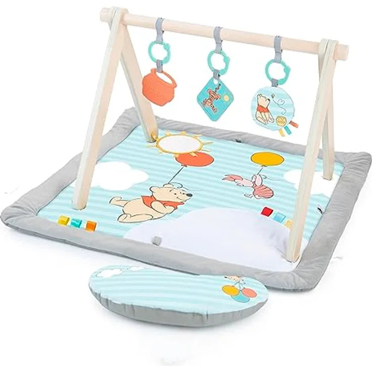 Bright Starts Disney Winnie PUUH Once Upon a Tummy Time Baby Aktivitätenmatte mit Holz-Spielzeugstange, Blau, für Neugeborene