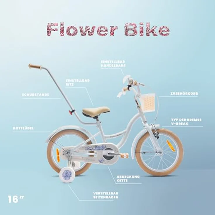 sun baby Mädchenfahrrad 16 Zoll Flower Bike mit Abnehmbarer Schubstange, für Mädchen von 2 bis 6 Jahre (Hellblau) – Bild 5