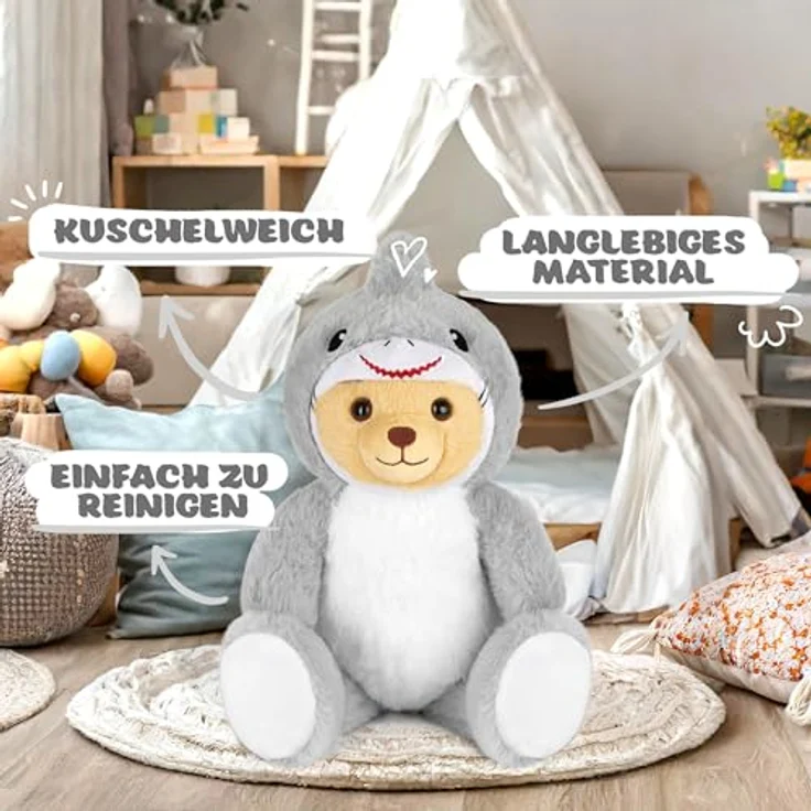 BRUBIES Teddy Hai 25 cm, Teddybär im Haikostüm mit abnehmbarer Kapuze, extra weiches Plüschmaterial, grau – Bild 5