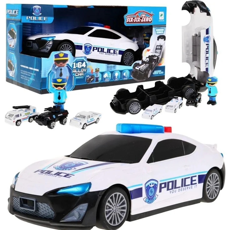 No Name Ausfahrbares Polizeiauto, interaktives Spielzeug aus Metall mit Licht- und Toneffekten, inkl. 3 Spielzeugautos und Polizistenfigur, ab 3 Jahren