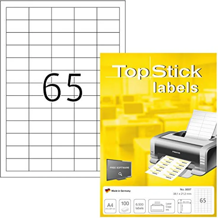 TopStick 8697 Universal Etiketten, 65 pro A4 Bogen, 1000 Blatt, selbstklebend, bedruckbar, matt, weiß, 38,1 x 21,2 mm