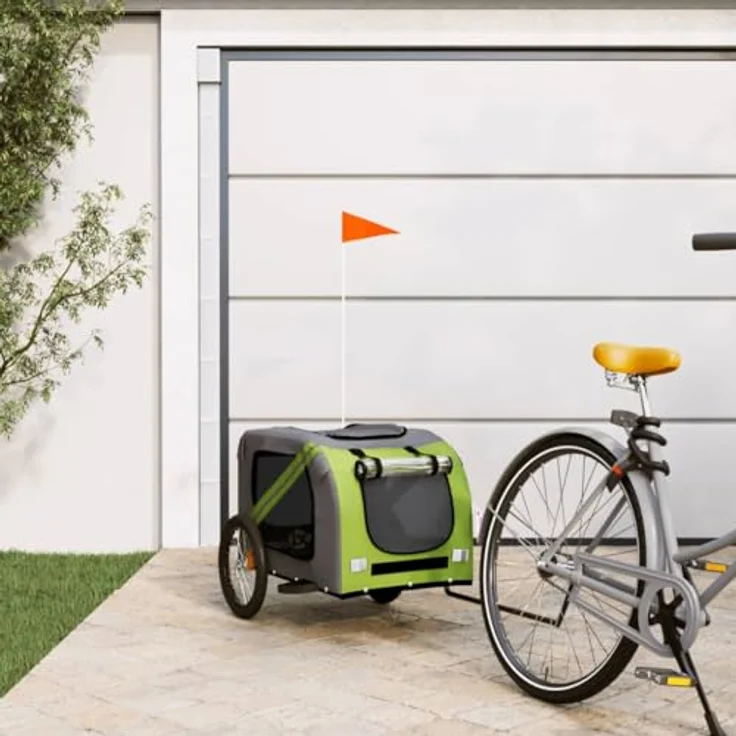 vidaXL Fahrradhundeanhänger Fahrradanhänger Hunde Grün und Grau Oxford-Gewebe und Eisen, robust und komfortabel, mit reflektierenden Elementen – Bild 2