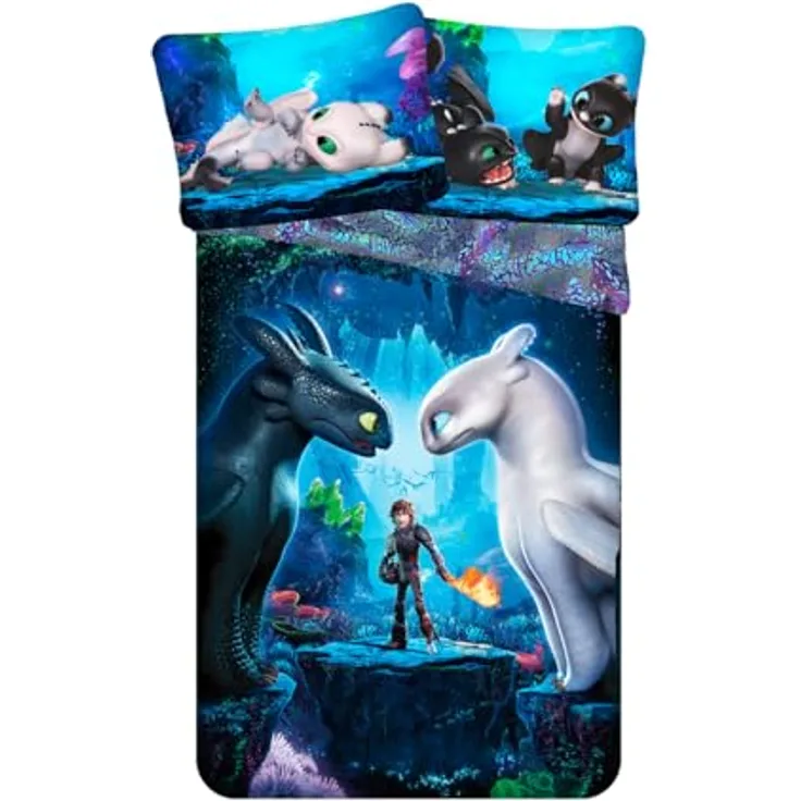 How to train your dragon Bettbezug für Einzelbett, Baumwolle, europäische Größe, offizielles Dreamworks Produkt, wendbar - 2 Modelle in 1, blau