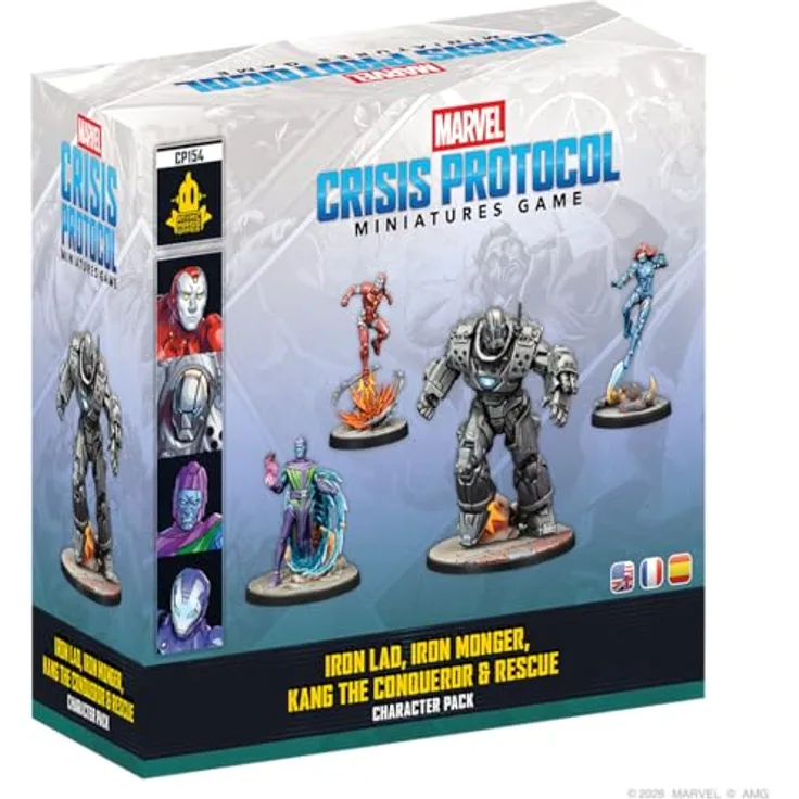 Atomic Mass Games Marvel Crisis Protocol Charakterpaket, Iron Lad, Iron Monger, Kang the Conqueror & Rescue, Miniaturen und Statkarten für strategische Kämpfe