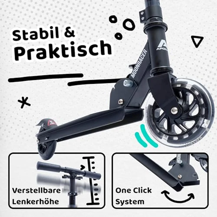 Apollo 125mm Scooter Moonracer - Klappbarer Kinderroller mit LED Wheels, schwarz – Bild 2