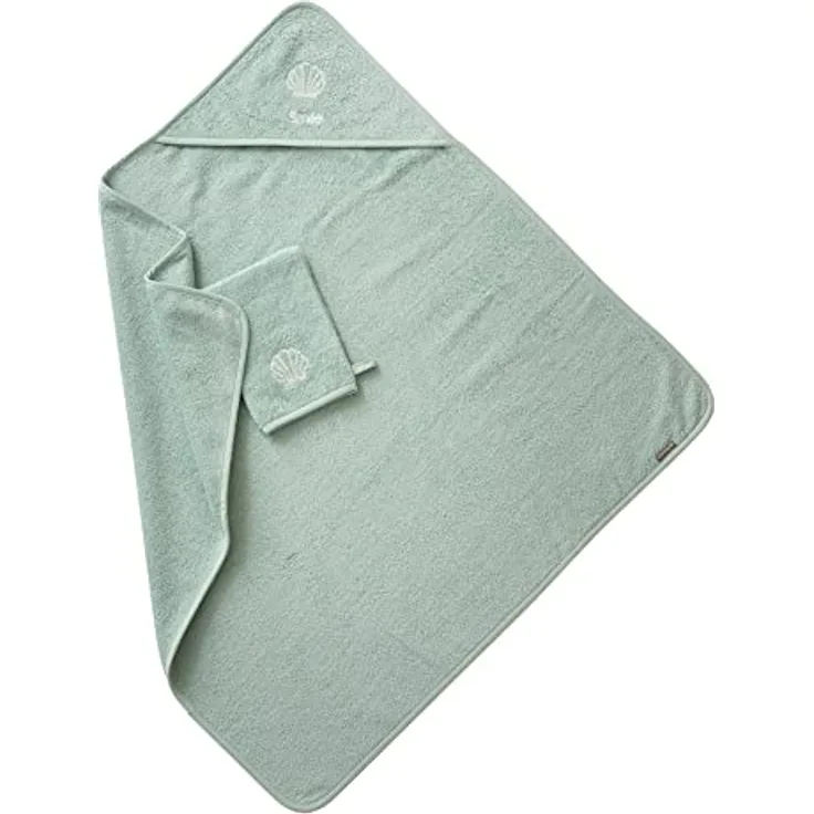 VERTBAUDET Kapuzenbadetuch + Waschlappen, Öko-Tex®, Seladongrün, 80 x 80