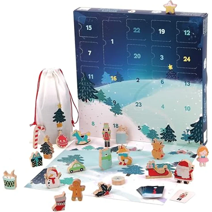 Vilac Adventskalender "Touche et trouve", 24-tägiger Spielkalender mit Holzfiguren und Spielkarten, 35 × 5 × 35 cm, für Kinder ab 2 Jahren – Bild 1