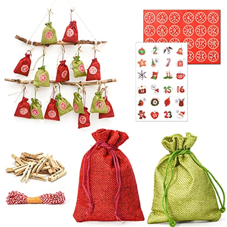 DuneDesign PERFEKT FÜR 2023: DIY Adventskalender zum Befüllen - 24 Adventskalender Säckchen Stoff mit Girlande und Sticker-Set - Weihnachtskalender zum Selber Befüllen Adventstüten zum Befüllen Kinder