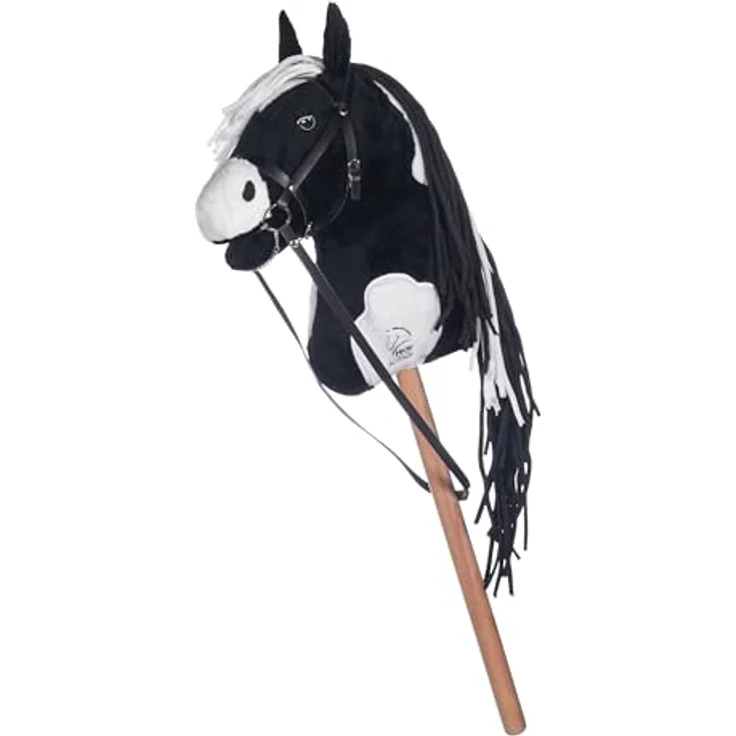 HKM Hobby Horse Steckenpferd schwarz/weiß, abnehmbare Trense, lange Mähne, 40 cm Holzstiel, für Dressur & Parcours – Bild 1