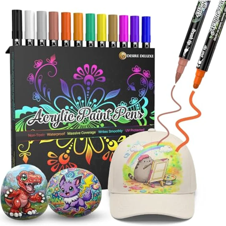 Desire Deluxe Acrylfarbenstifte, ungiftig auf Wasserbasis, wasserfest, 12 leuchtende Farben für Stein, Keramik, Glas, Holz, Porzellan, mit umkehrbarer runder Stiftspitze – Bild 1