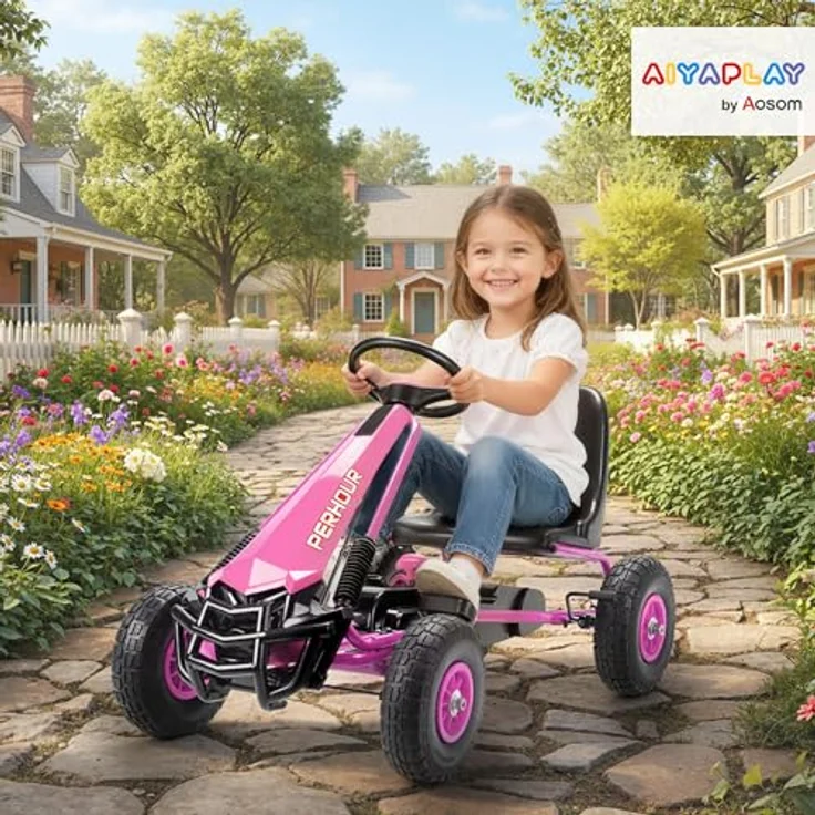 AIYAPLAY Go-Kart Tretauto, mit Handbremse und verstellbarem Sitz, für Kinder 3-8 Jahre, rosa, Pedalantrieb – Bild 2
