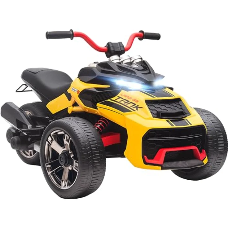 AIYAPLAY Elektro Quad für Kinder, 12V mit 3 Rädern, Vorwärts- und Rückwärtsfunktion, MP3-Player, LED-Leuchten, 2 Geschwindigkeiten 3-5 km/h, für 3-8 Jahre, Gelb – Bild 1