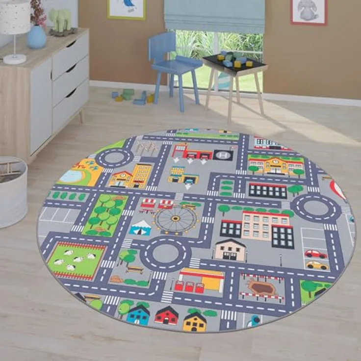 TT Home Kinderzimmerteppich Grau 3, rutschfester baby-tauglicher Kinderteppich, 160 cm rund, maschinell gewebt aus 100% Polyester